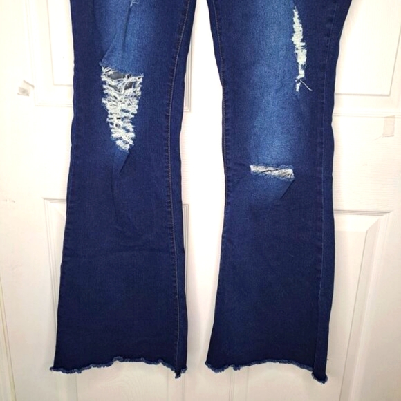 Distressed Stretch Dark Wash Flare Jeans Long Length Plus Size XXL - Picture 6 of 7